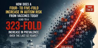 How does a four- to five-fold increase in autism risk from vaccines today lead to a 323-fold increase in prevalence over the last 52 years? 323-fold autism and vaccines
