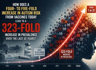 How does a four- to five-fold increase in autism risk from vaccines today lead to a 323-fold increase in prevalence over the last 52 years? 323-fold autism and vaccines