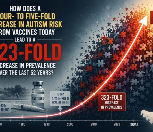 How does a four- to five-fold increase in autism risk from vaccines today lead to a 323-fold increase in prevalence over the last 52 years? 323-fold autism and vaccines