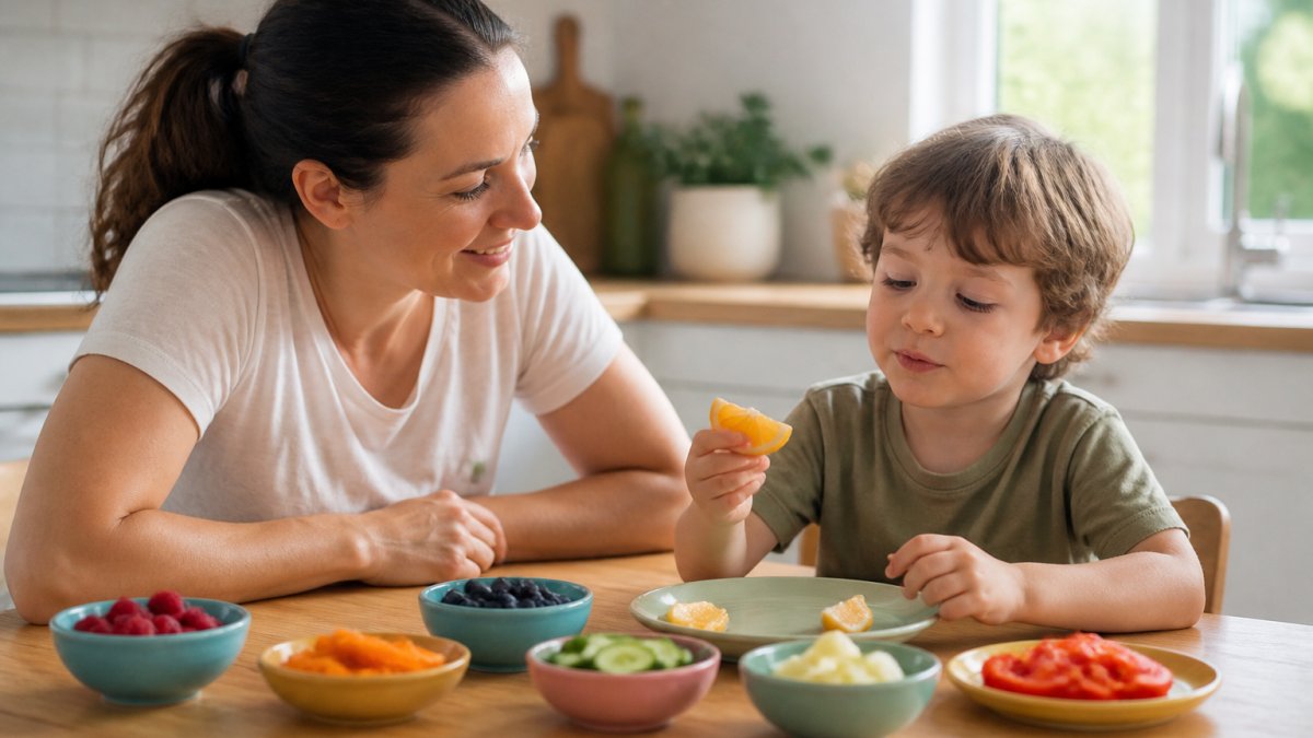 A parent and child sitting at a kitchen table with small, colorful bowls of different foods, the child exploring a piece of fruit while the parent smiles encouragingly