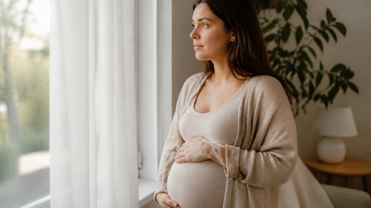 Pregnant woman resting hands on her belly near a window, reflecting on the top 10 environmental factors linked to autism.