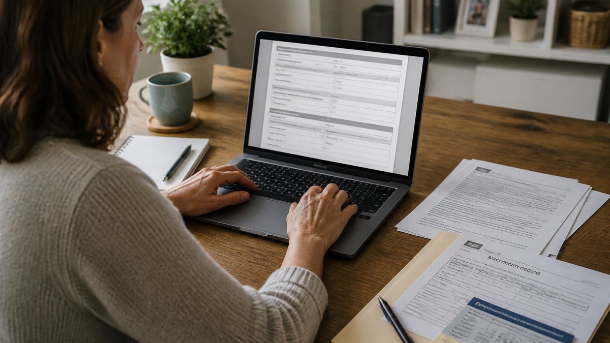 Person at a computer filling out a health form on their screen, with medical documents and vaccination records on the desk beside them